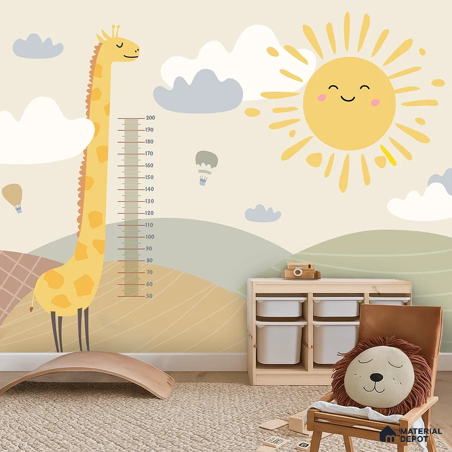Scandinavian kids room with animal-themed wallpaper and light wood storage in Bengaluru