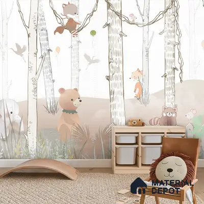 Scandinavian kids room with animal-themed wallpaper, natural wood storage, and woven jute rug in Bengaluru