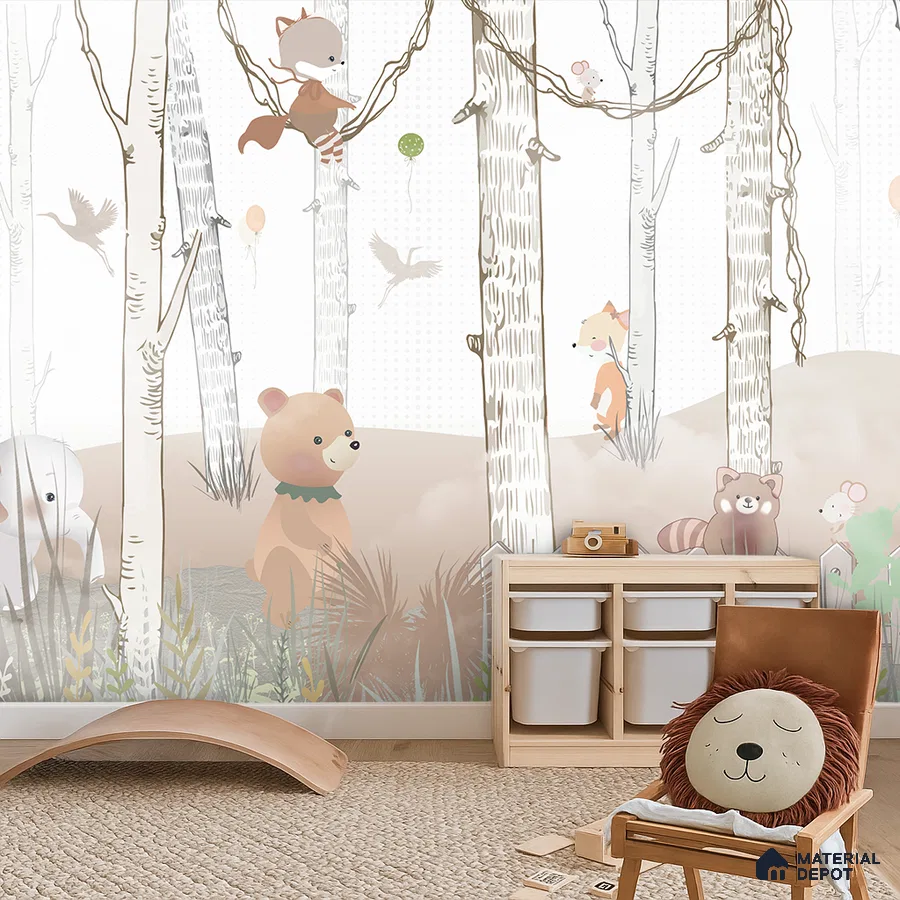 Scandinavian kids room with animal-themed wallpaper, natural wood storage, and woven jute rug in Bengaluru