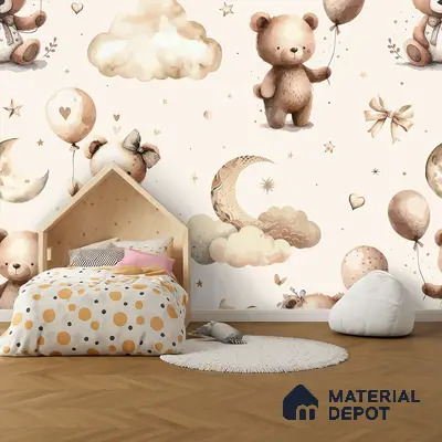 Scandinavian kids room with bear-themed wallpaper and light wood flooring in Bengaluru
