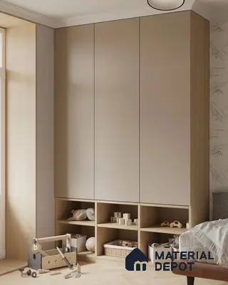 Scandinavian kids room with beige solid laminate wardrobe and light oak wood open storage | Material Depot