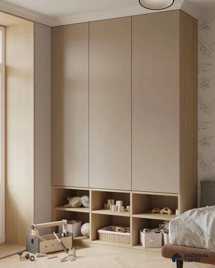 Scandinavian kids room with beige solid laminate wardrobe and light oak wood open storage | Material Depot