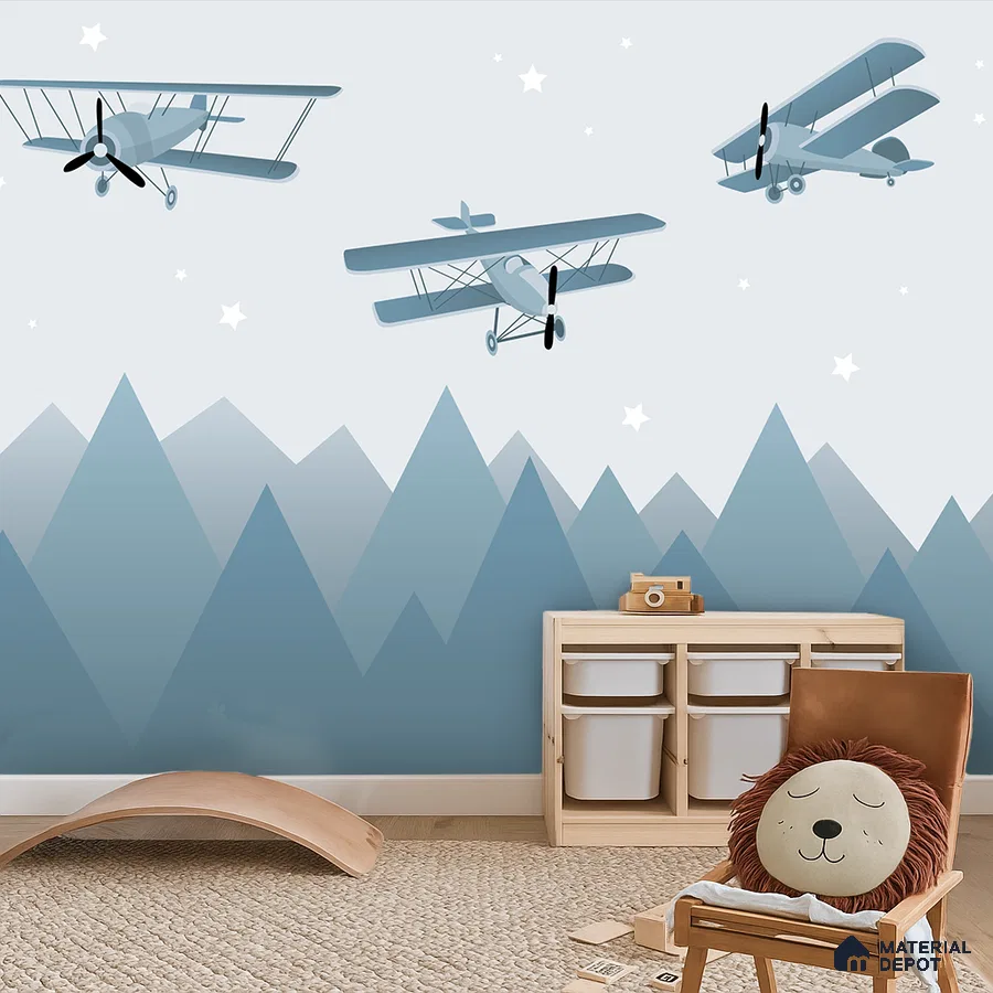 Scandinavian kids room with blue airplane mural wallpaper and natural wood furniture in Bengaluru