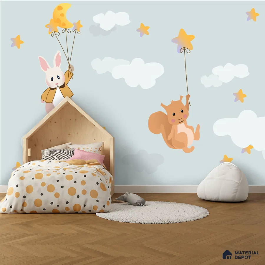 Scandinavian kids room with cartoon animal wallpaper and light wood flooring in Bengaluru