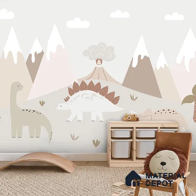 Scandinavian kids room with dinosaur patterned wallpaper, light wood storage, and beige woven rug in Bengaluru