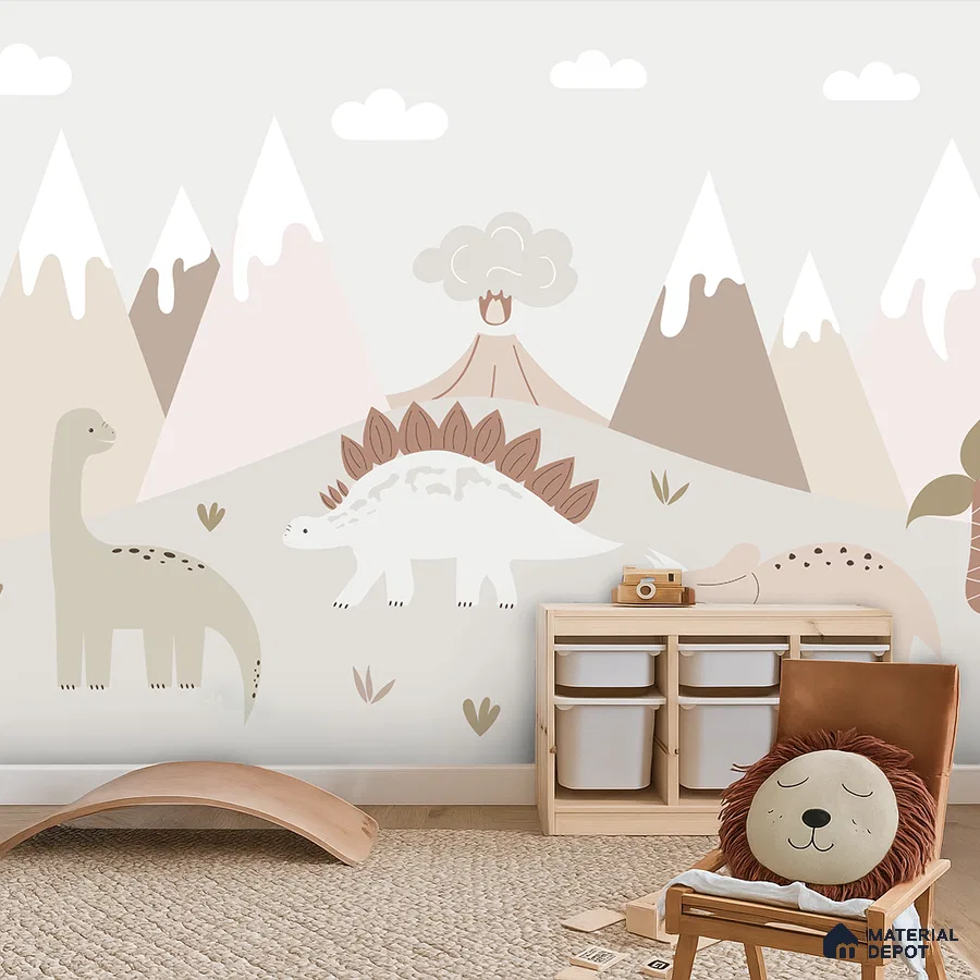 Scandinavian kids room with dinosaur patterned wallpaper, light wood storage, and beige woven rug in Bengaluru