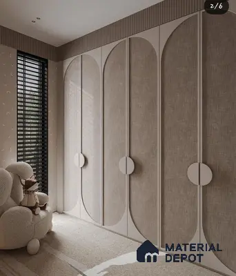 Scandinavian kids room with fabric textured wardrobe panels and beige carpet flooring | Material Depot