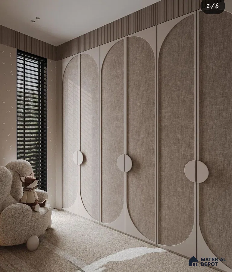 Scandinavian kids room with fabric textured wardrobe panels and beige carpet flooring | Material Depot