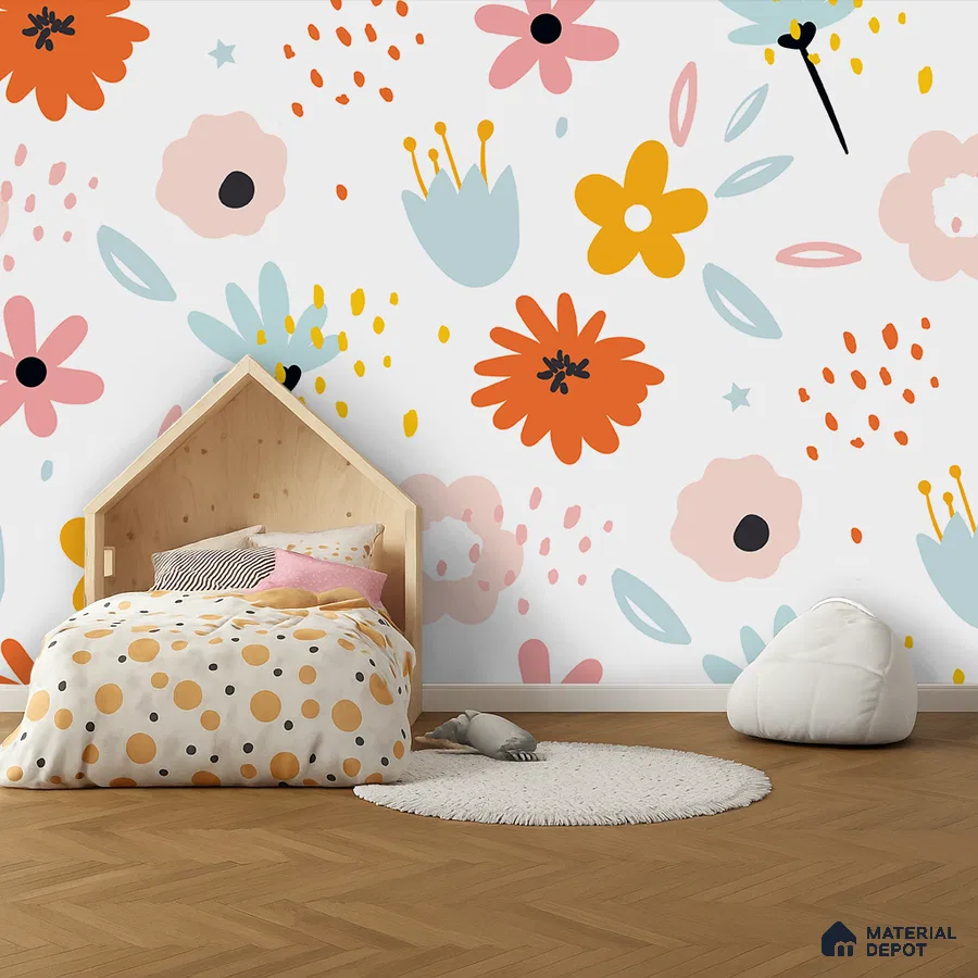 Scandinavian kids room with floral patterned wallpaper and light wood flooring in Bengaluru