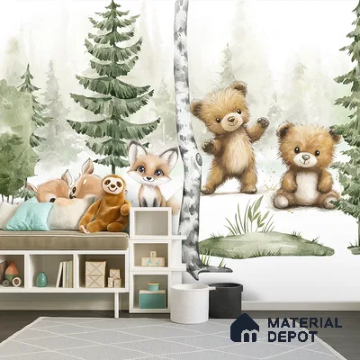 Scandinavian kids room with forest animal mural wallpaper and white storage furniture in Bengaluru