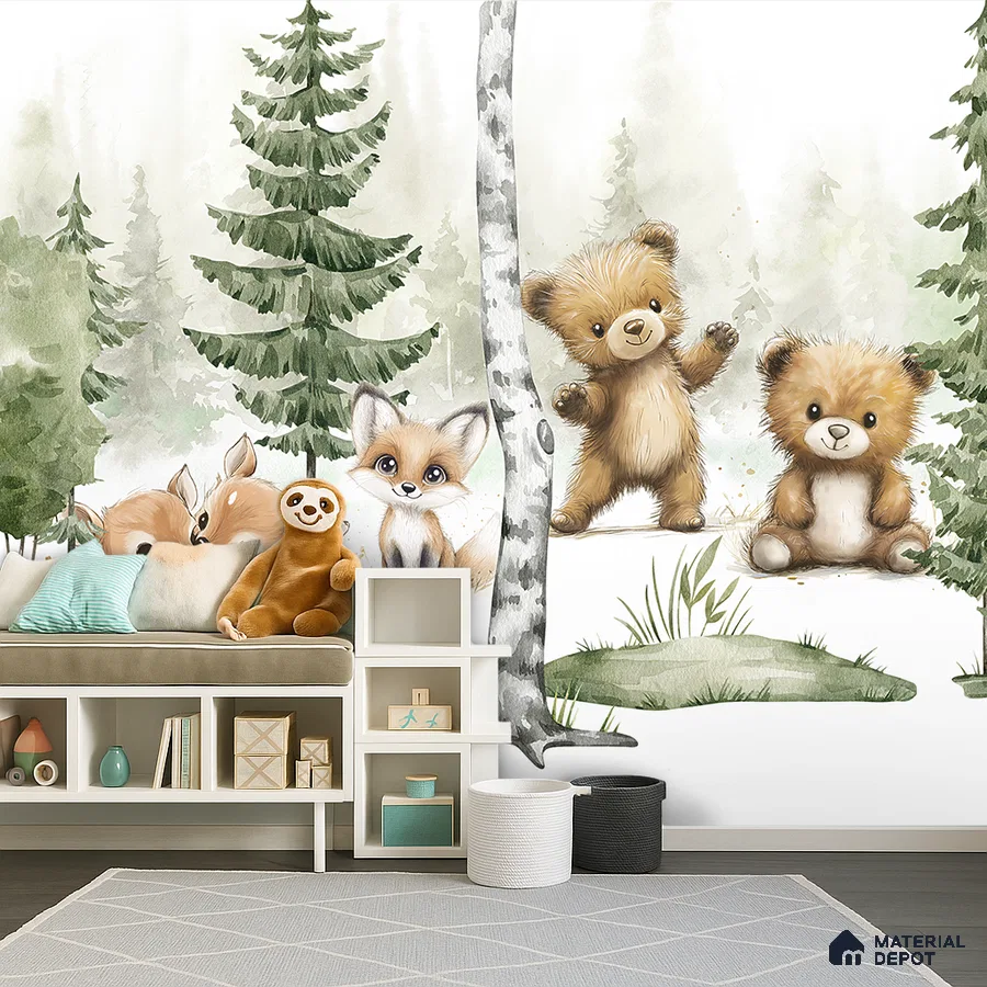 Scandinavian kids room with forest animal mural wallpaper and white storage furniture in Bengaluru