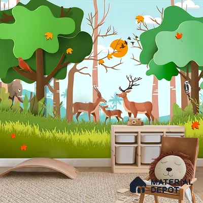 Scandinavian kids room with forest animal nature wallpaper and light wood storage in Bengaluru