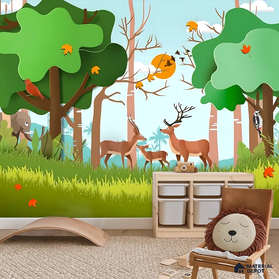 Scandinavian kids room with forest animal nature wallpaper and light wood storage in Bengaluru