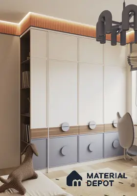 Scandinavian kids room with frosty white and pastel blue laminate wardrobe, oak wood accents, and fluted ceiling panel | Material Depot