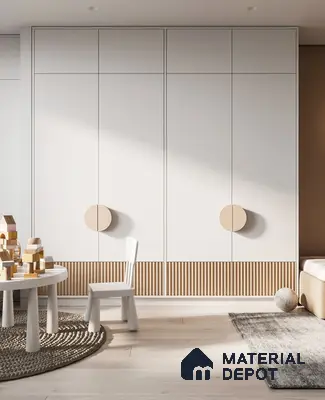Scandinavian kids room with frosty white laminate wardrobe, beige fluted laminate, and light oak wooden flooring | Material Depot