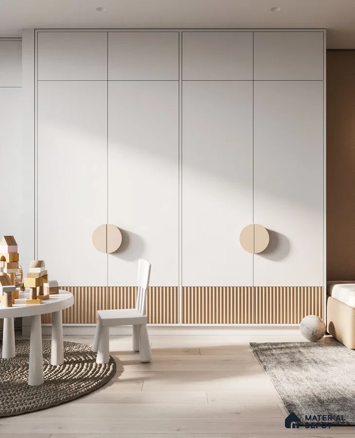 Scandinavian kids room with frosty white laminate wardrobe, beige fluted laminate, and light oak wooden flooring | Material Depot