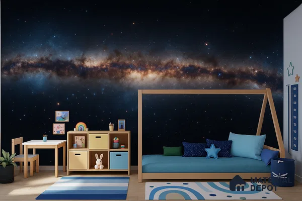 Scandinavian kids room with galaxy space wallpaper and light wood furniture in Bengaluru