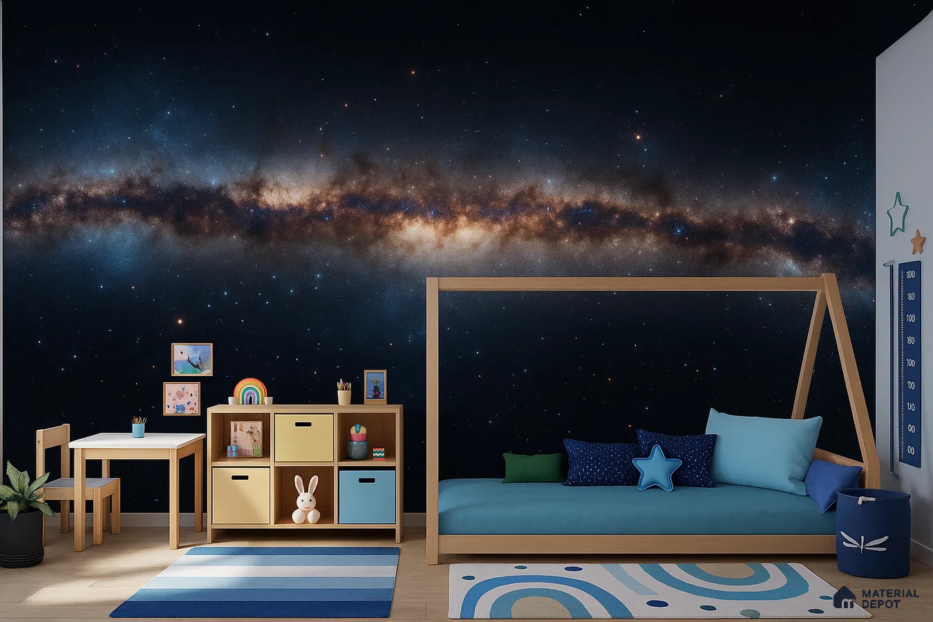 Scandinavian kids room with galaxy space wallpaper and light wood furniture in Bengaluru