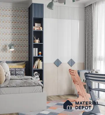 Scandinavian kids room with geometric wallpaper, pastel laminates, and fluted panels | Material Depot