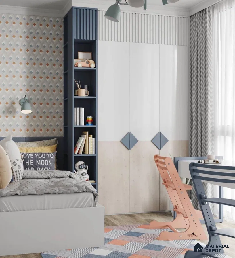 Scandinavian kids room with geometric wallpaper, pastel laminates, and fluted panels | Material Depot