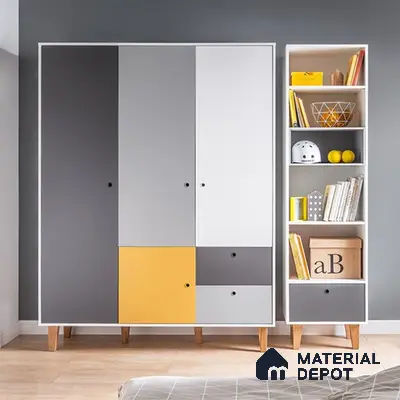 Scandinavian kids room with grey, white, and yellow solid color laminate wardrobe and bookshelf | Material Depot