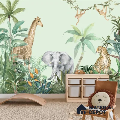 Scandinavian kids room with jungle animal wallpaper and natural jute rug in Bengaluru