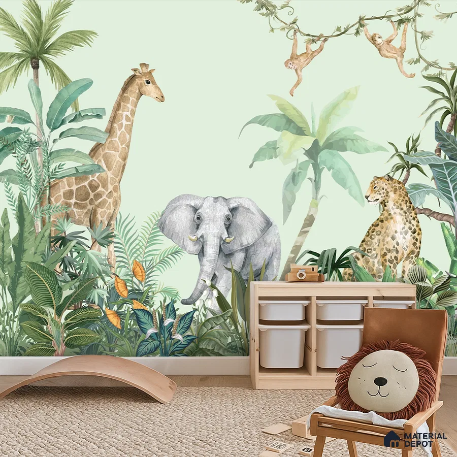 Scandinavian kids room with jungle animal wallpaper and natural jute rug in Bengaluru