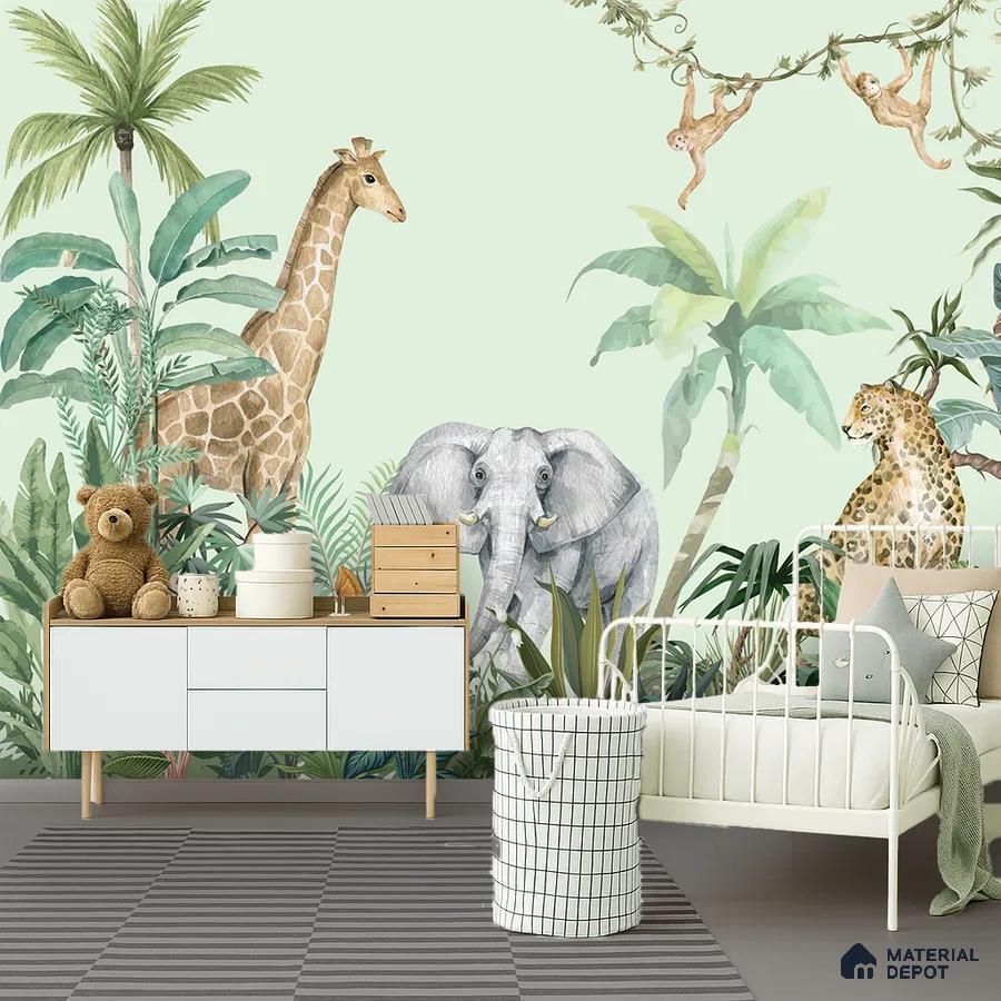 Scandinavian kids room with jungle animal wallpaper and white metal bed in Bengaluru