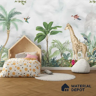 Scandinavian kids room with jungle-themed animal wallpaper and light wood flooring in Bengaluru