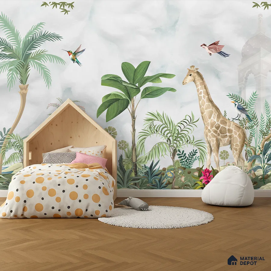 Scandinavian kids room with jungle-themed animal wallpaper and light wood flooring in Bengaluru