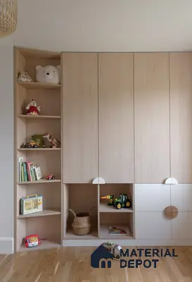 Scandinavian kids room with light oak laminate wardrobe and open shelving | Material Depot