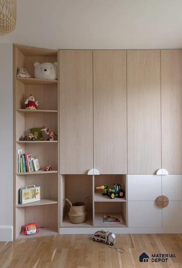 Scandinavian kids room with light oak laminate wardrobe and open shelving | Material Depot
