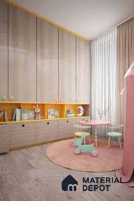 Scandinavian kids room with light oak laminate wardrobe, yellow accent open shelves, and grey wood flooring | Material Depot