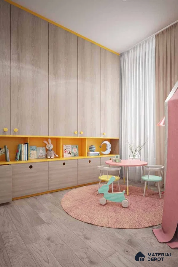Scandinavian kids room with light oak laminate wardrobe, yellow accent open shelves, and grey wood flooring | Material Depot