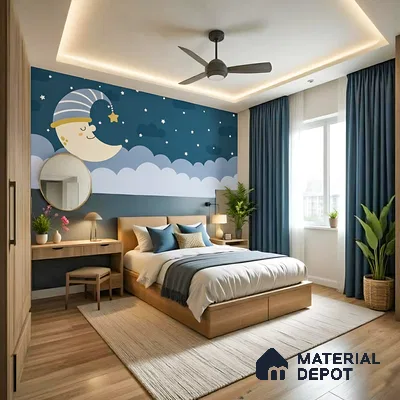 Scandinavian kids room with moon and stars wallpaper, oak wood flooring, and light wood furniture in Purva Midtown B-Narayanapura 3 BHK Bengaluru Apartment