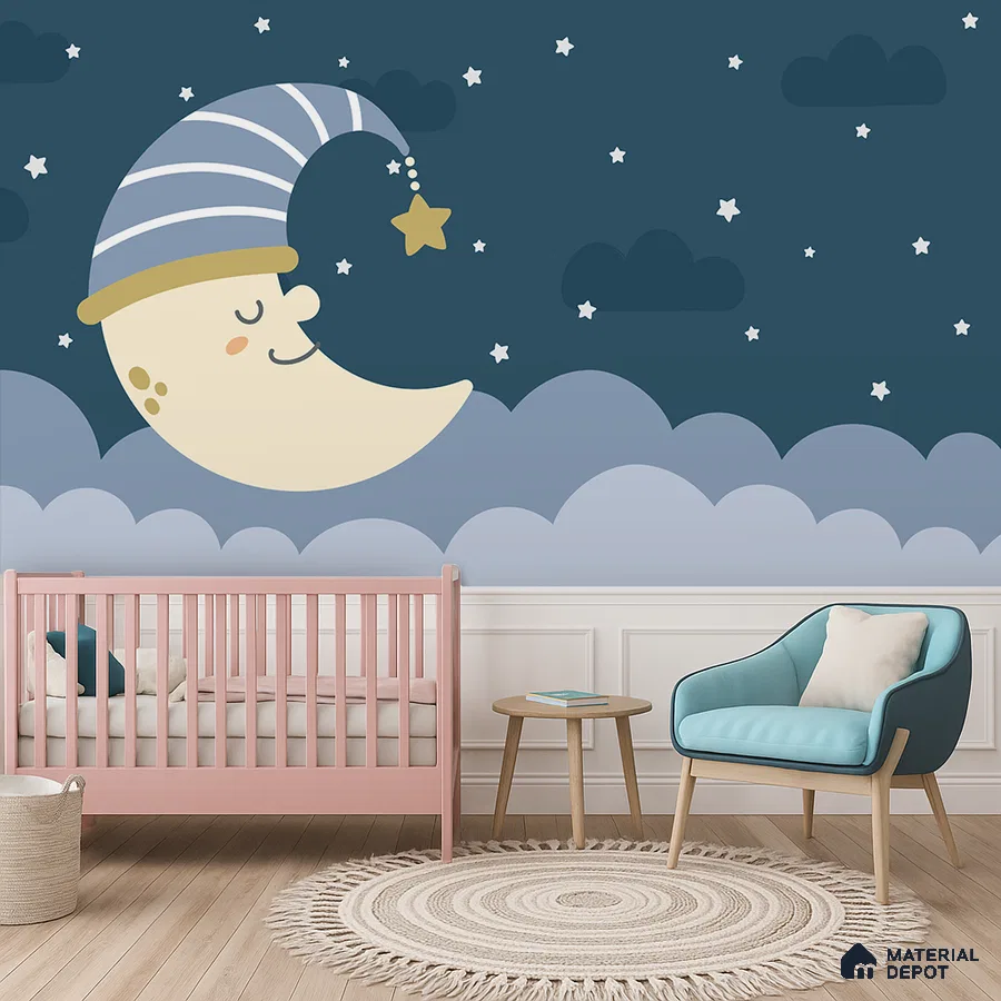 Scandinavian kids room with moon and stars wallpaper, pastel pink crib, and light wood flooring in Bengaluru
