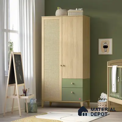 Scandinavian kids room with natural oak wood wardrobe, sage green laminate drawers, and cane panel | Material Depot