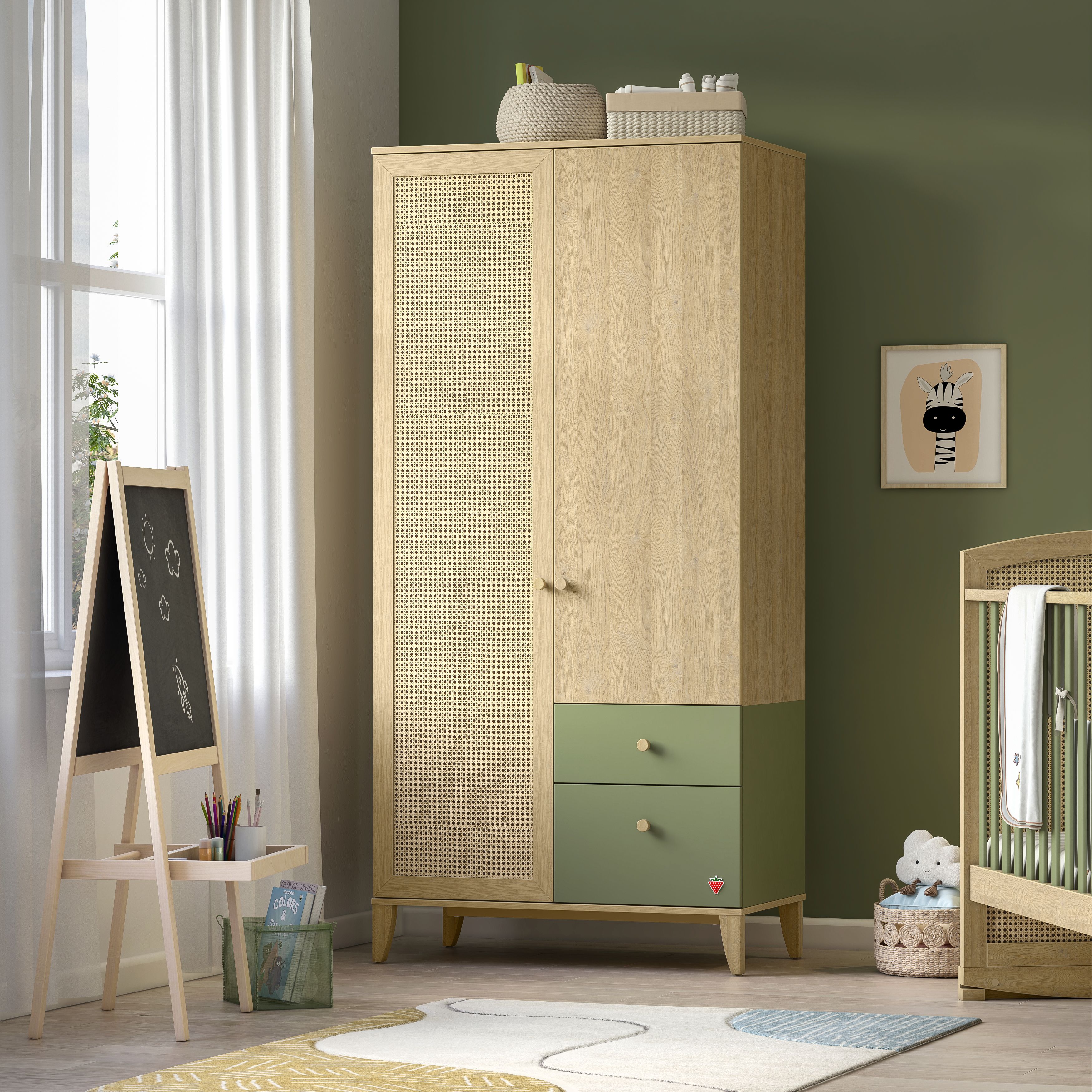 Scandinavian kids room with natural oak wood wardrobe, sage green laminate drawers, and cane panel | Material Depot