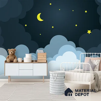 Scandinavian kids room with night sky wallpaper, pastel blue cabinet, and striped rug in Bengaluru