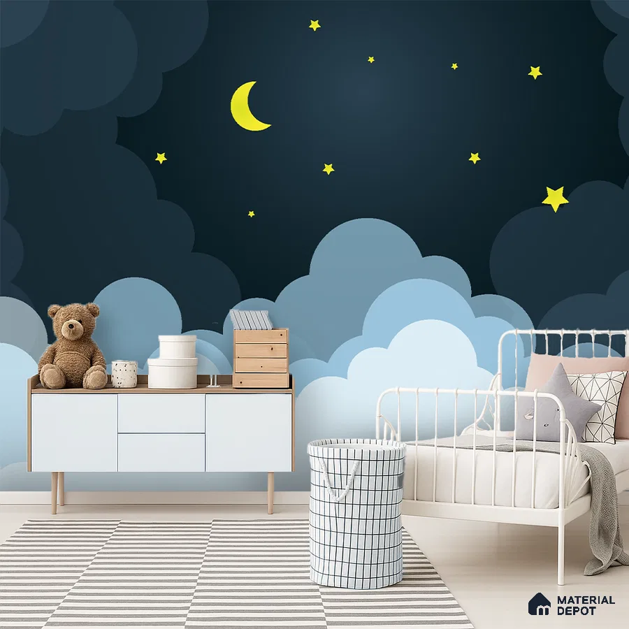 Scandinavian kids room with night sky wallpaper, pastel blue cabinet, and striped rug in Bengaluru