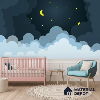 Scandinavian kids room with night sky wallpaper, pastel pink crib, and light wood flooring in Bengaluru