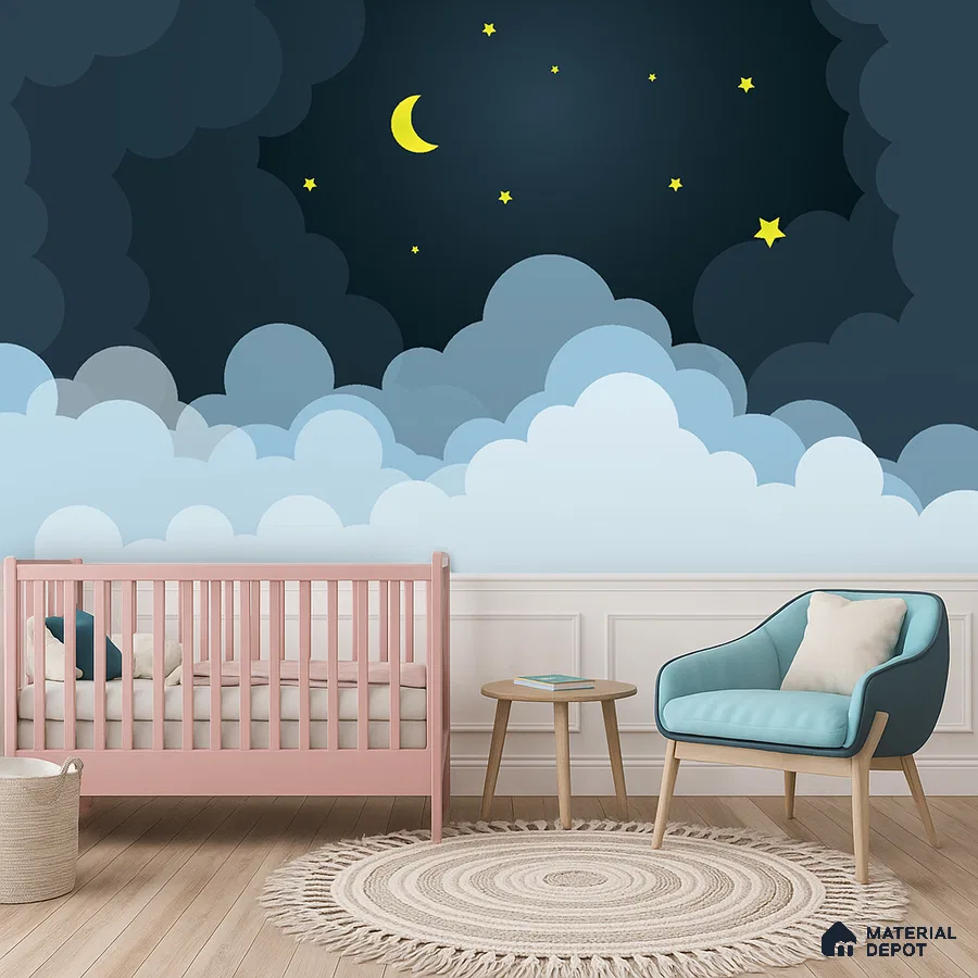 Scandinavian kids room with night sky wallpaper, pastel pink crib, and light wood flooring in Bengaluru