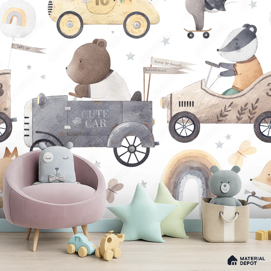 Scandinavian kids room with pastel animal car wallpaper and light wood flooring in Bengaluru