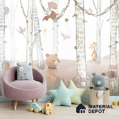 Scandinavian kids room with pastel animal print wallpaper and light wood flooring in Bengaluru