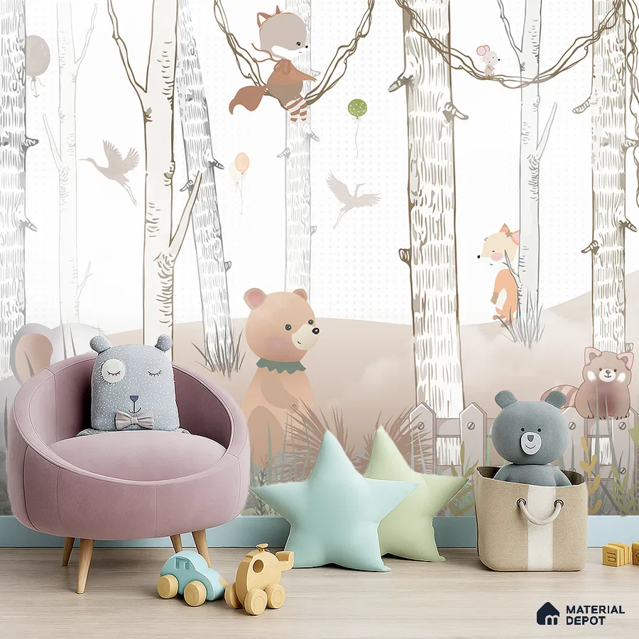 Scandinavian kids room with pastel animal print wallpaper and light wood flooring in Bengaluru