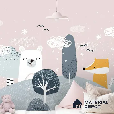 Scandinavian kids room with pastel animal print wallpaper and soft pink accents in Bengaluru