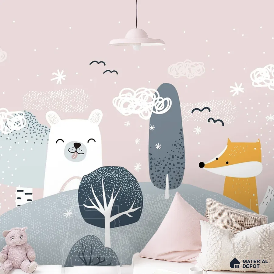 Scandinavian kids room with pastel animal print wallpaper and soft pink accents in Bengaluru