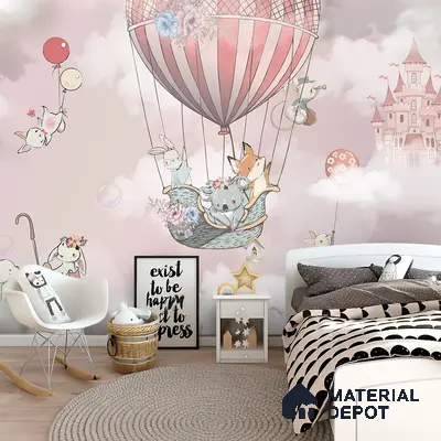 Scandinavian kids room with pastel animal print wallpaper and white furniture in Bengaluru