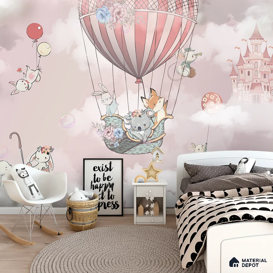 Scandinavian kids room with pastel animal print wallpaper and white furniture in Bengaluru