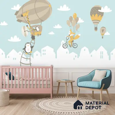 Scandinavian kids room with pastel animal print wallpaper, pink crib, and light wood furniture in Bengaluru